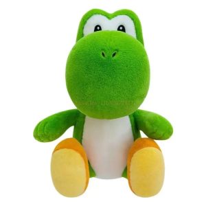Pelúcia do Yoshi verde sentada, de frente, com barriga branca e pés laranja