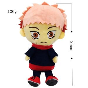 Pelúcia do Yuji Itadori, de Jujutsu Kaisen, com cabelo rosa, uniforme azul-escuro, capuz vermelho e tênis vermelhos