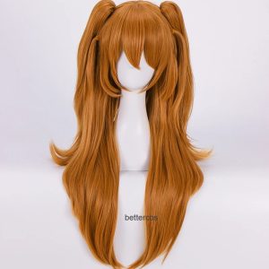 Peruca laranja longa da Asuka Langley, de Evangelion, com duas presilhas de rabo de cavalo, vista de frente