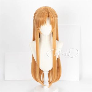 Peruca da Asuna Yuuki, de Sword Art Online, vista de frente: cabelo longo castanho claro com franja e trança