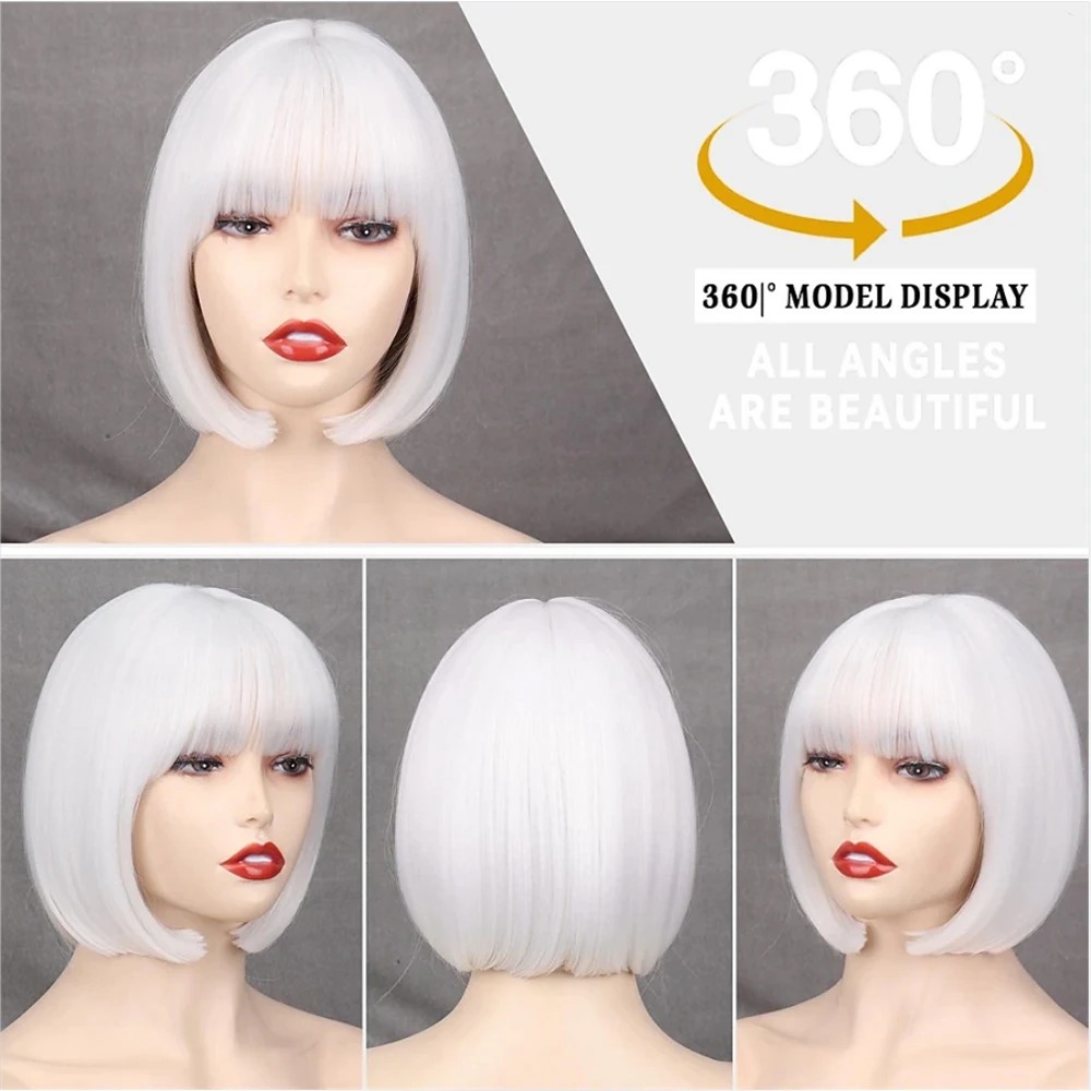 Peruca chanel bob branca com franja reta em manequim, mostrando vistas 360 graus