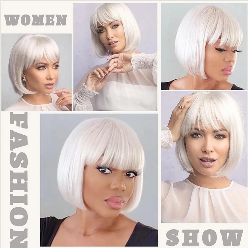 Colagem de modelos usando a peruca chanel bob branca com franja reta