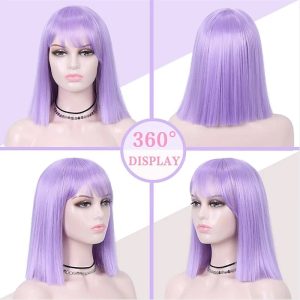 Peruca chanel bob lilás com franja em manequim, vistas frontal, lateral e traseira em 360 graus
