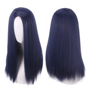 Peruca longa e lisa azul-escura da Caitlyn, de Arcane, vista de frente e de trás