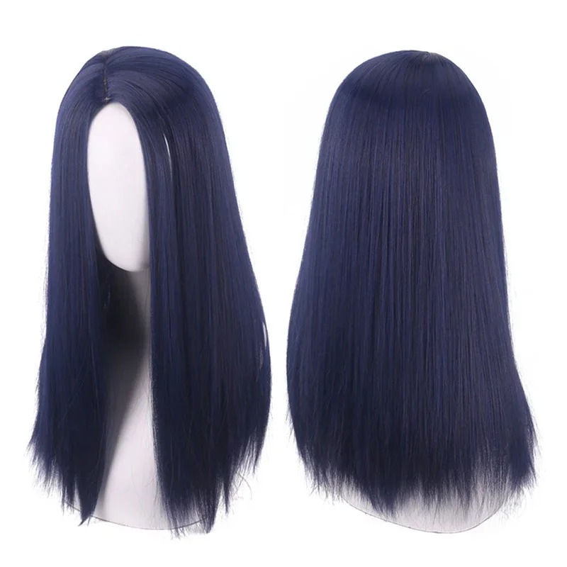 Peruca longa e lisa azul-escura da Caitlyn, de Arcane, vista de frente e de trás