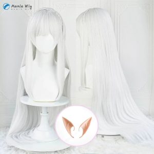 Peruca prateada longa da Emilia, de Re:Zero, vista de frente e de costas em um busto