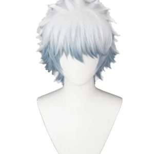 Peruca do Gintoki, de Gintama, branca com pontas azul-claro, vista de frente em busto de exposição
