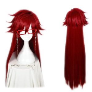 Peruca vermelha longa e lisa do Grell Sutcliff, de Black Butler, vista de frente e de costas em um busto