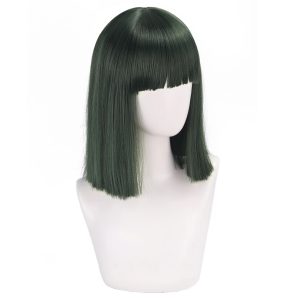Peruca verde escura lisa com franja reta do Haku, de A Viagem de Chihiro, em manequim