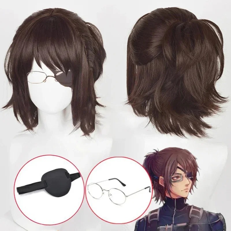 Peruca da Hange Zoë com tapa-olho e óculos, de Attack on Titan, ao lado da arte da personagem