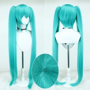 Peruca azul-esverdeada da Hatsune Miku, de Vocaloid, com duas maria-chiquinhas longas, em frente e atrás