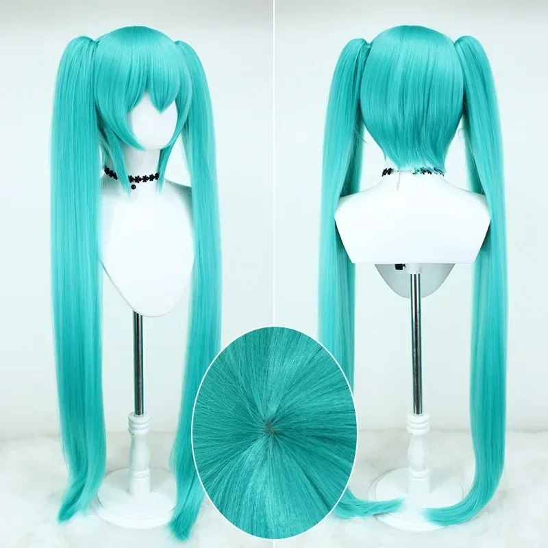 Peruca azul-esverdeada da Hatsune Miku, de Vocaloid, com duas maria-chiquinhas longas, em frente e atrás