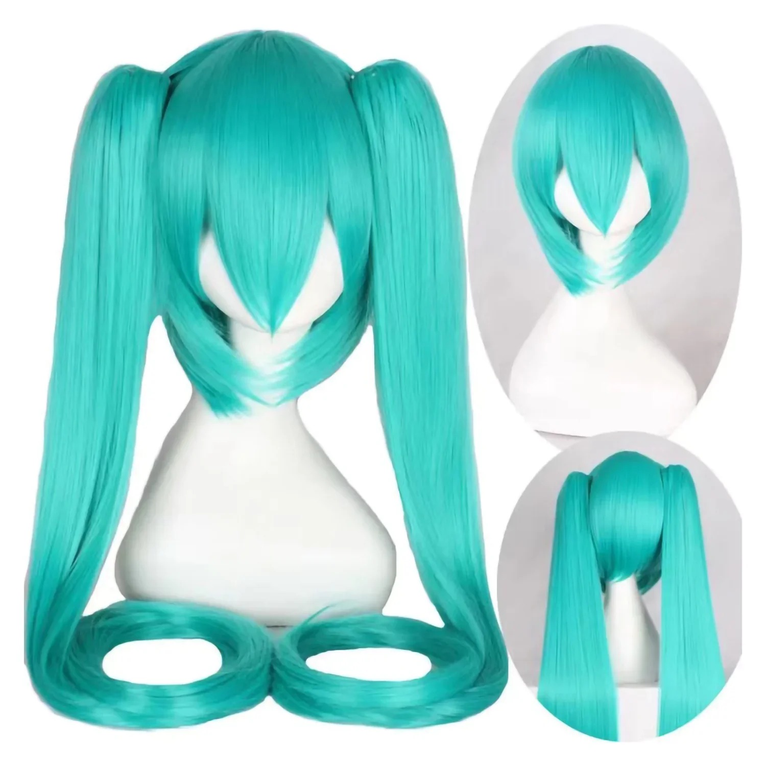 Peruca da Hatsune Miku com maria-chiquinhas longas e detalhe da versão curta, de Vocaloid