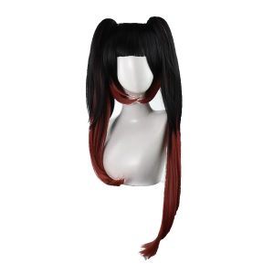 Peruca da Tokisaki Kurumi, de Date A Live, preta com maria-chiquinhas longas e pontas vermelhas, em busto branco