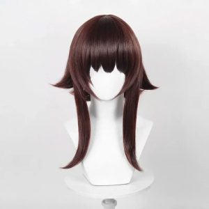 Peruca castanho avermelhada da Megumin, de KonoSuba, com franja reta, vista de frente em um busto