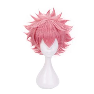 Peruca rosa curta e arrepiada da Mina Ashido, de My Hero Academia, em suporte branco