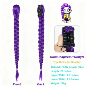 Trança roxa longa em duas vistas, frente e costas, para cosplay da Rumi de Guerreiras do K-Pop