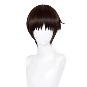 Peruca curta castanho-escura do Shinji Ikari, de Evangelion, vista de frente em um busto