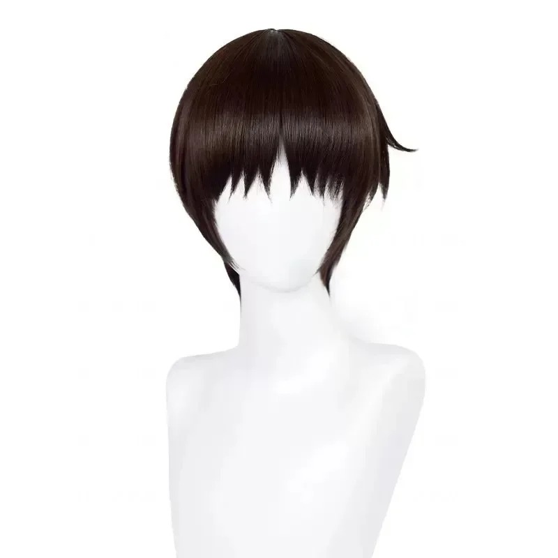 Peruca curta castanho-escura do Shinji Ikari, de Evangelion, vista de frente em um busto