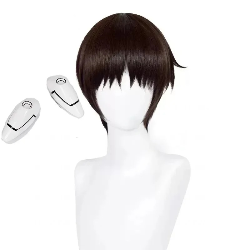 Peruca do Shinji Ikari, de Evangelion, com o par de acessórios brancos de cabeça ao lado
