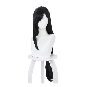 Peruca preta longa da Tifa Lockhart, de Final Fantasy VII, no manequim, vista de frente