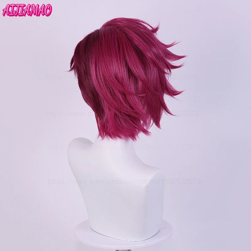 Peruca da Vi vista de trás, rosa escuro e repicada, cosplay de Arcane