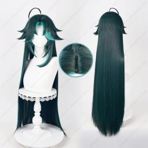 Peruca longa e lisa do Xiao, de Genshin Impact, em verde escuro com mechas verde-água