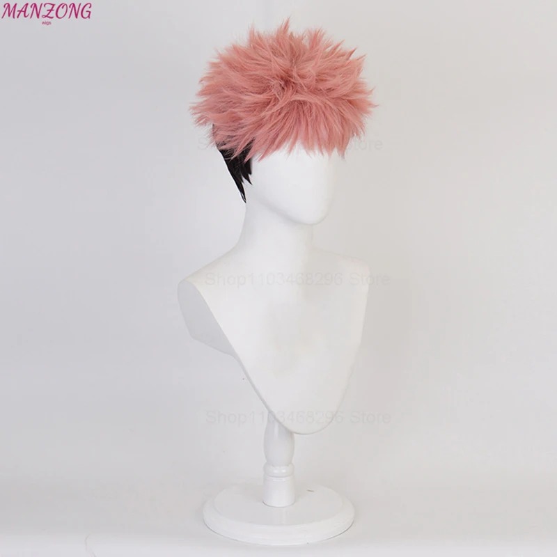 Peruca curta rosa com nuca preta do Yuji Itadori, de Jujutsu Kaisen, em busto branco