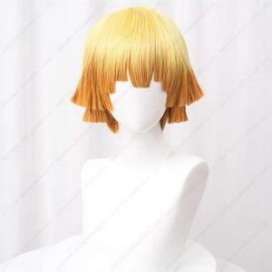 Peruca curta do Zenitsu, de Demon Slayer, com degradê amarelo e laranja, vista de frente
