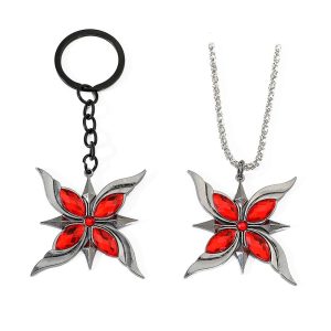 Chaveiro e colar com pingente da Arlecchino, de Genshin Impact, em metal prateado com cristais vermelhos