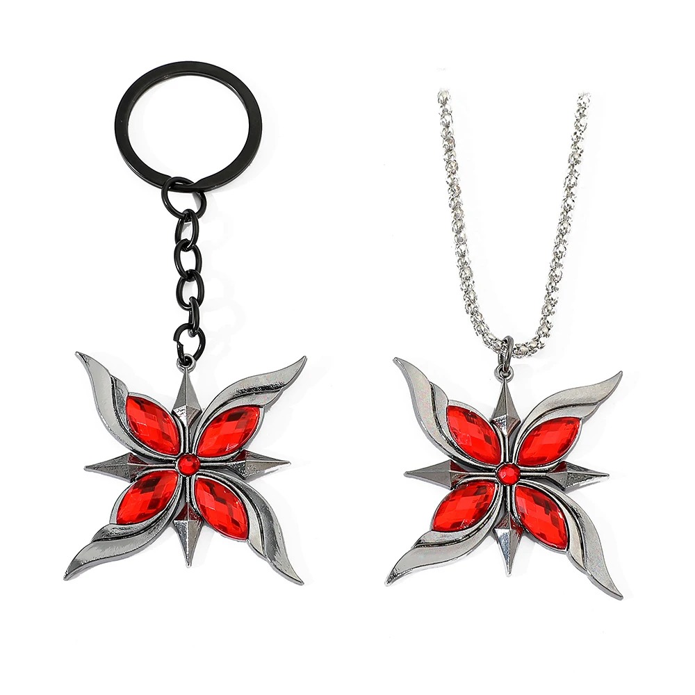 Chaveiro e colar com pingente da Arlecchino, de Genshin Impact, em metal prateado com cristais vermelhos