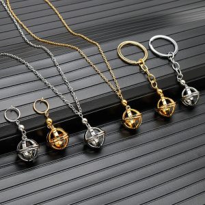 Colar, brinco de clipe e chaveiro com pingente de bola vazada do Kazutora, de Tokyo Revengers, em prateado e dourado
