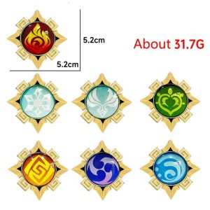 Sete pingentes de Visão de Genshin Impact com os elementos Pyro, Cryo, Anemo, Dendro, Geo, Electro e Hydro, e medida de 5,2 cm