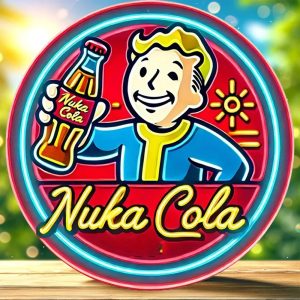 Placa redonda de madeira com o Vault Boy segurando uma garrafa de Nuka-Cola, de Fallout