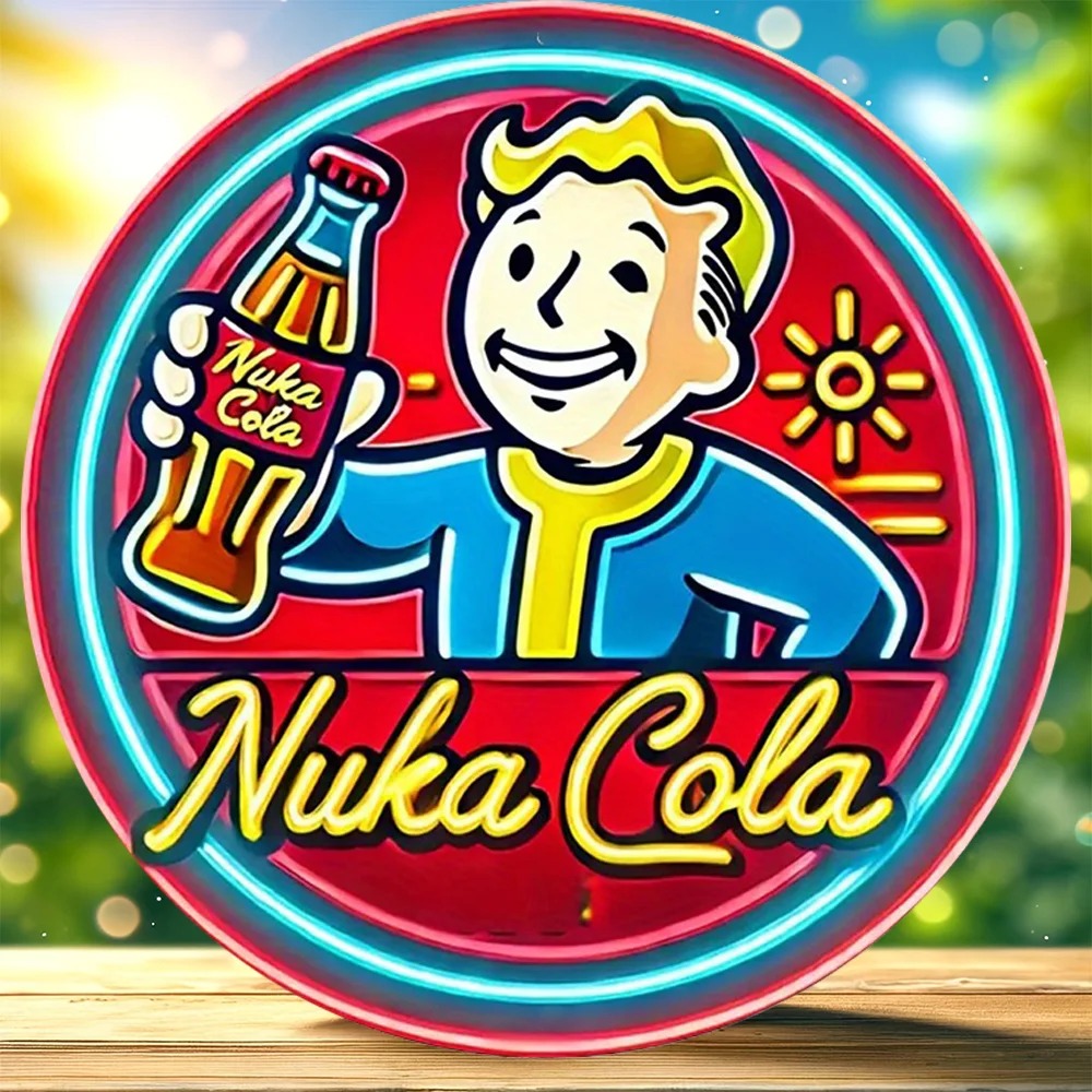 Placa redonda de madeira com o Vault Boy segurando uma garrafa de Nuka-Cola, de Fallout