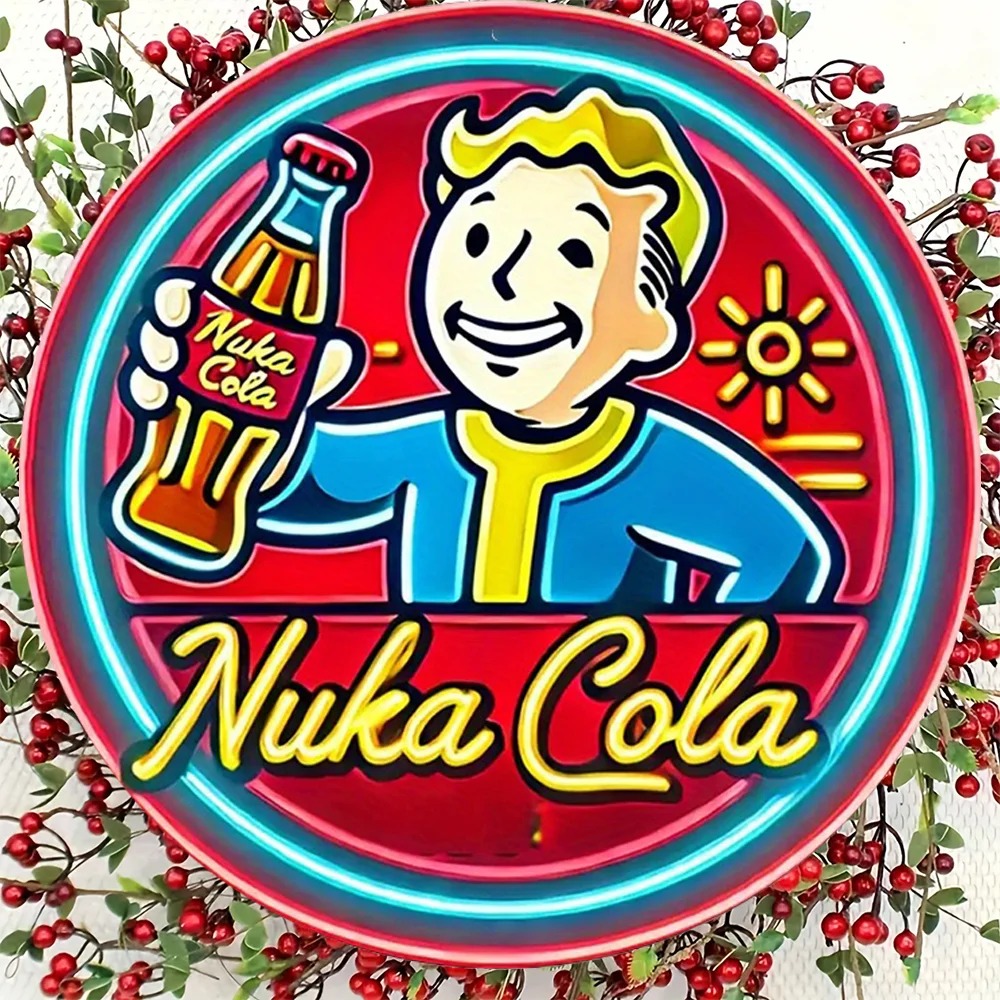 Placa redonda do Vault Boy com Nuka-Cola cercada por folhas decorativas