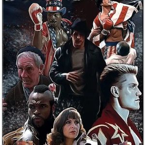 Placa de metal com o pôster do filme Rocky, título em destaque e os personagens da saga