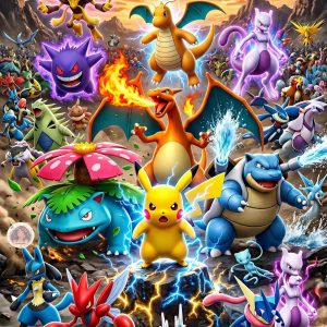 Arte do quebra-cabeça Pokémon com Pikachu, Charizard, Blastoise e outros Pokémon coloridos