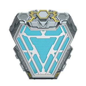 Reator arc MK50 do Homem de Ferro, Marvel, com luz azul acesa, em fundo branco