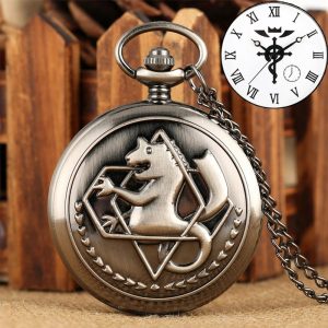 Relógio de bolso bronze com o símbolo do alquimista estadual de Fullmetal Alchemist em relevo e corrente