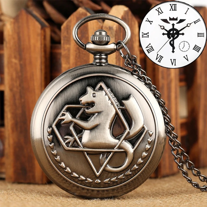 Relógio de bolso bronze com o símbolo do alquimista estadual de Fullmetal Alchemist em relevo e corrente