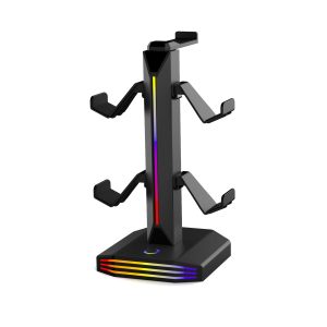 Suporte preto para headset e controles com luz RGB na coluna e na base, sobre fundo branco