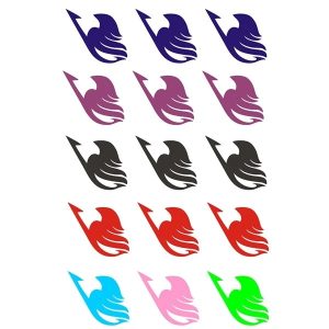 Cartela com 15 adesivos de tatuagem da marca da guilda de Fairy Tail em azul, roxo, preto, vermelho, rosa e verde