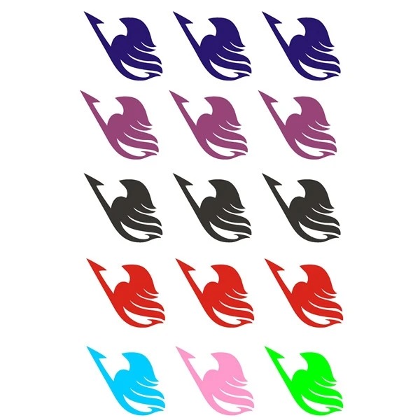 Cartela com 15 adesivos de tatuagem da marca da guilda de Fairy Tail em azul, roxo, preto, vermelho, rosa e verde