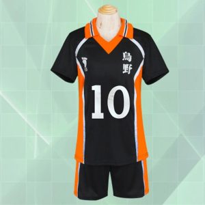 Uniforme do Karasuno nº 10 de Hinata, de Haikyuu!!: camisa preta e laranja e short, em manequim
