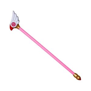 Varinha rosa da Sakura Card Captors com asas brancas, esfera vermelha e ponta dourada, sobre fundo branco