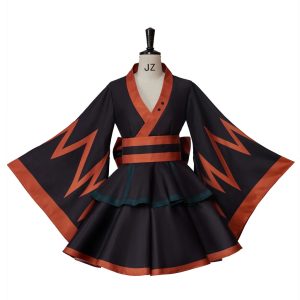 Vestido quimono lolita do Bakugo, de My Hero Academia, preto com estampa laranja de explosão, em manequim