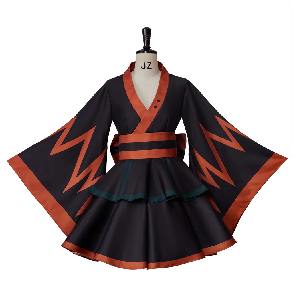 Vestido quimono lolita do Bakugo, de My Hero Academia, preto com estampa laranja de explosão, em manequim